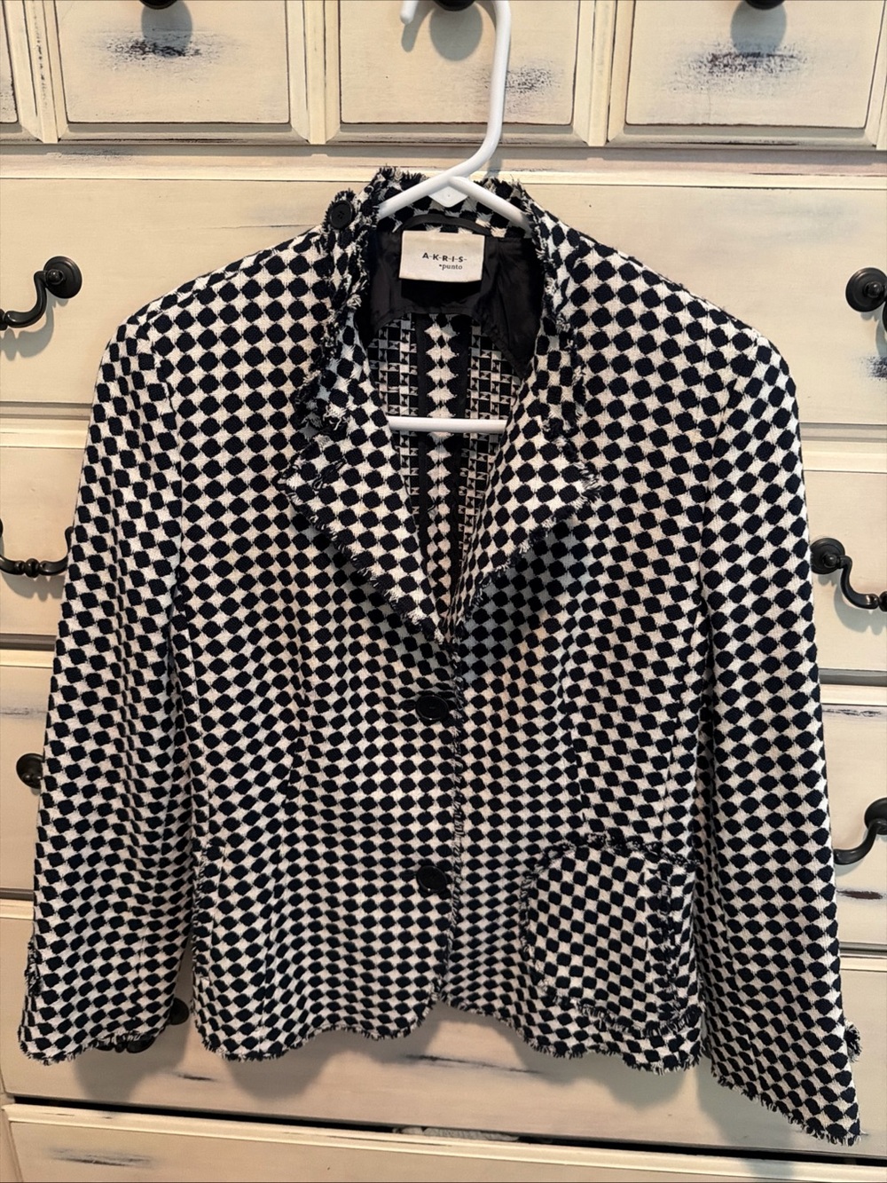 Akris Punto Black White Fringe Check Wool Blend Blazer Jacket